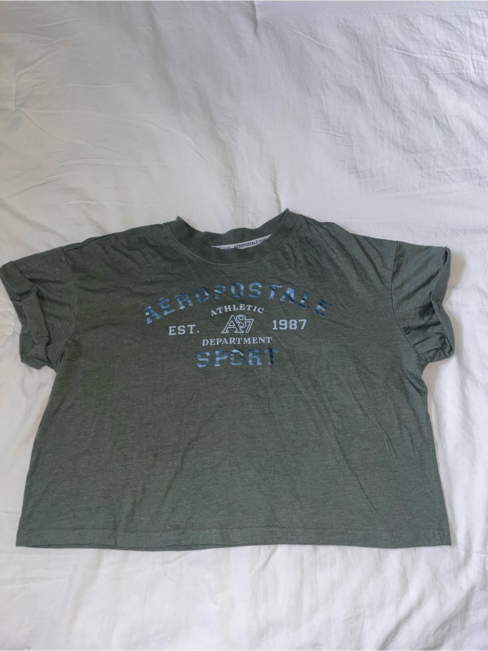 Aeropostale Olive Green Crewneck cropped  Tee with Blue Sport Logo
